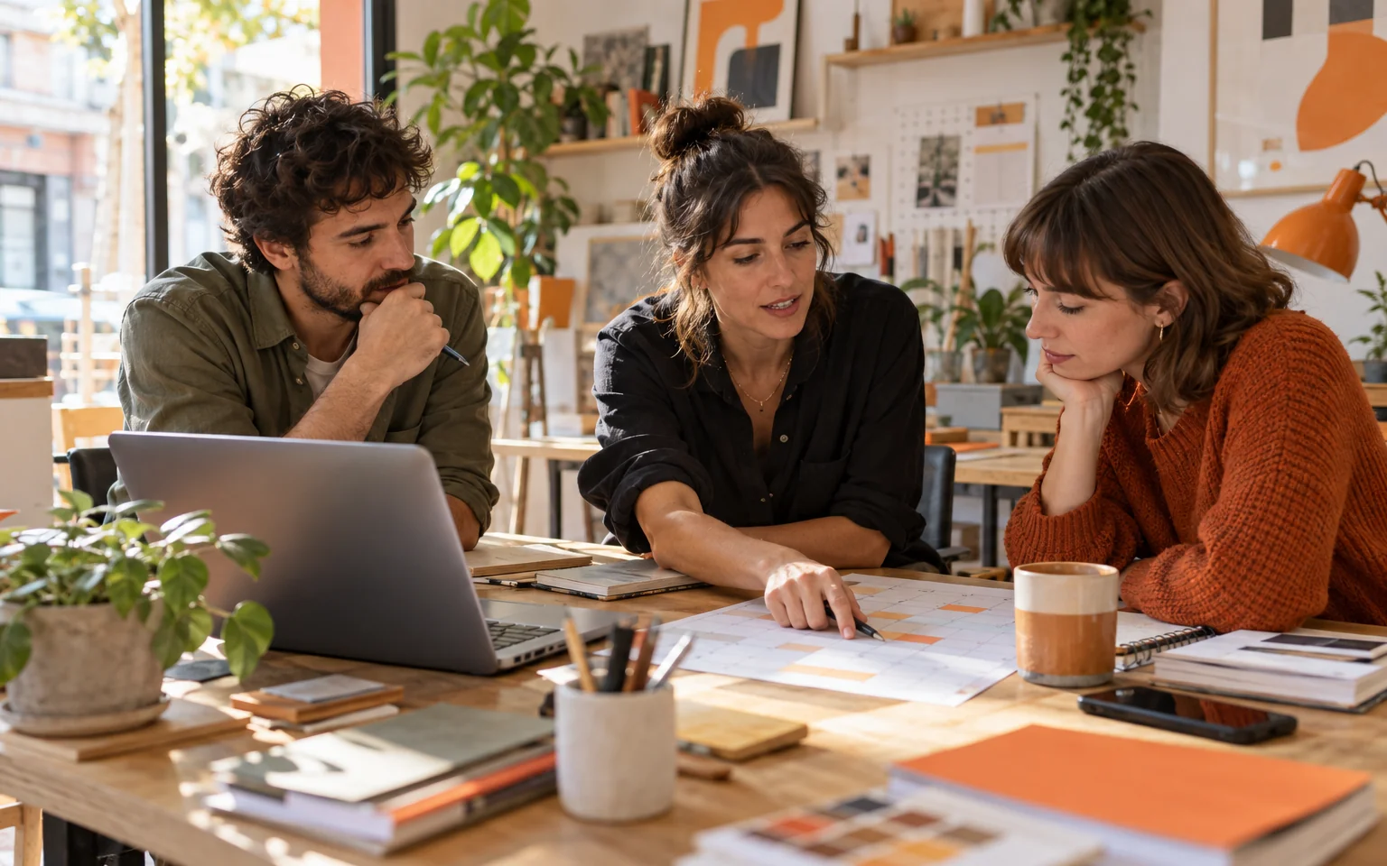 Equipo de una pequeña empresa revisando la planificación de la jornada